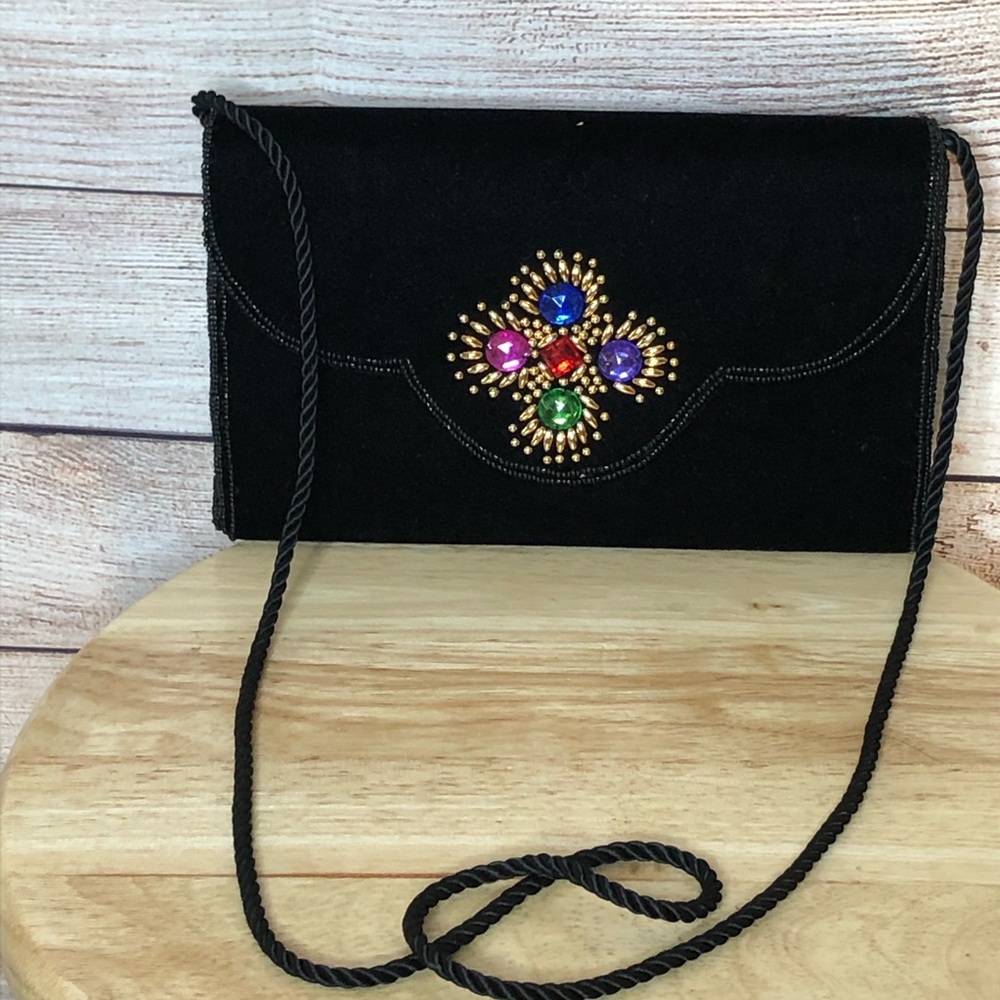 VGT Black Velvet Evening Embellished Clutch Purse‎